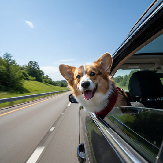 a car driving along the highway and a funny corgi sticking its head out of the rear window of the car is looking out in a funny way.