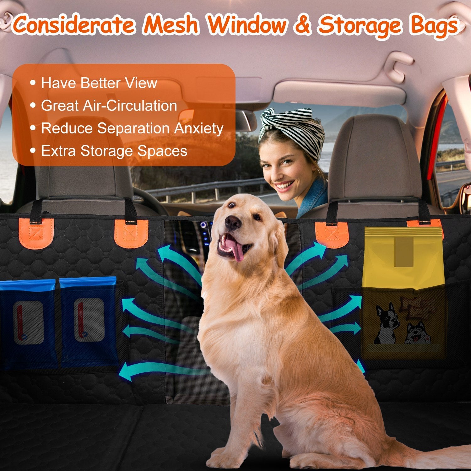 A fully-featured dog car seat cover showing the mesh window for visibility, protective side flaps for the doors, and convenient front storage pockets.