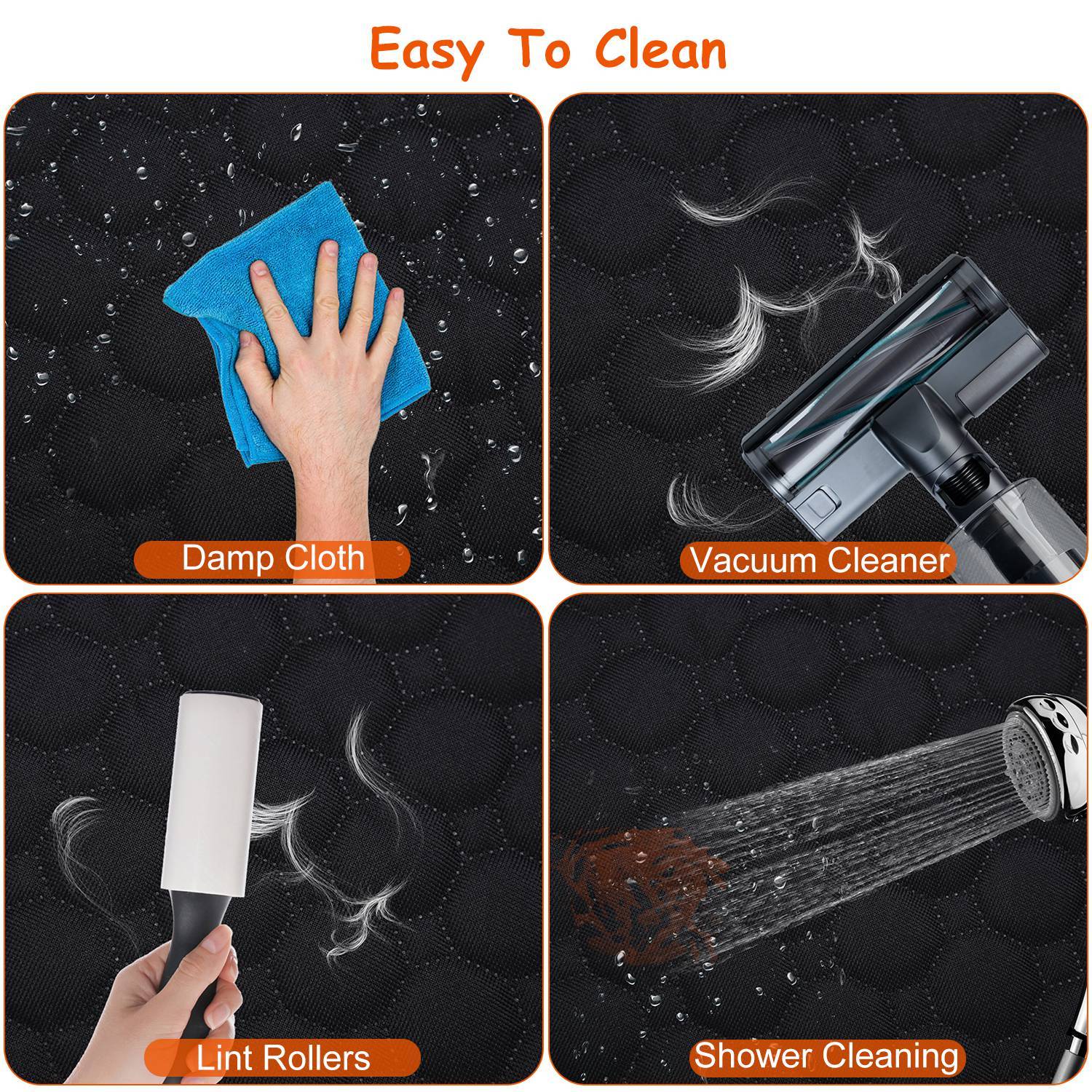 Collage showing the 4 quick ways to clean the dog seat cover: wiping with a damp cloth, vacuuming fur, and rinsing with a hose.