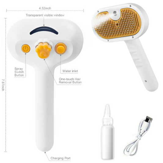 Pet Steam Brush Set Contents — Steam Brush, Waterless Shampoo, Ear Wipes, USB Cable
