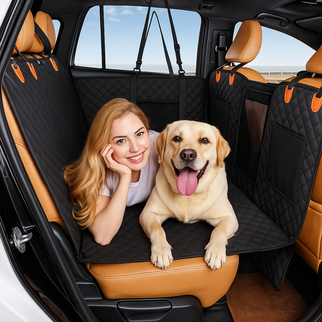 Golden retriever dog sitting comfortably on a black waterproof car seat cover in a clean SUV