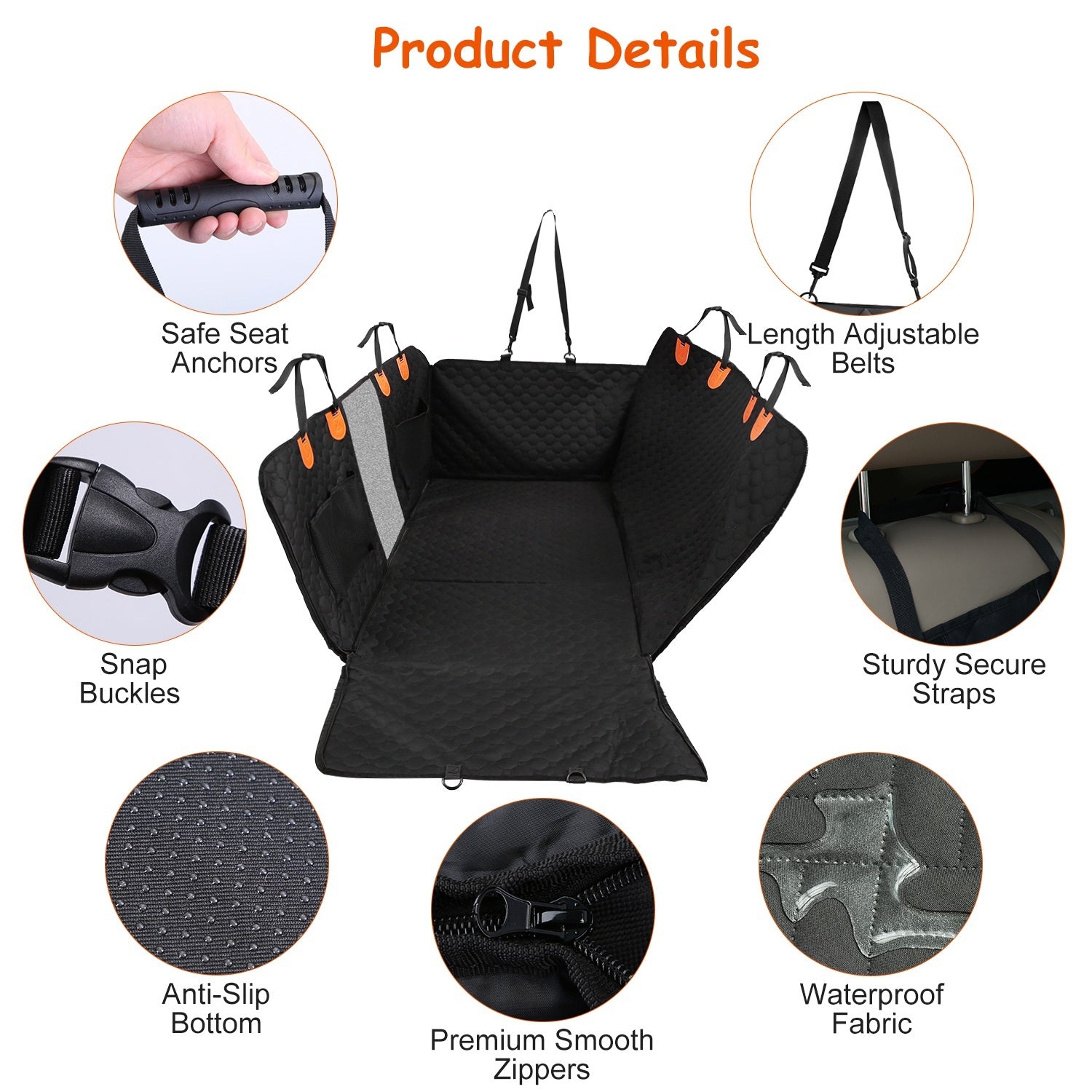 Diagram showing the security features of the dog car seat cover, like seat anchors and non-slip bottom, that keep it securely in place.