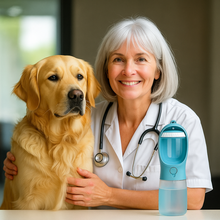 Female veterinarian smiling with a happy dog, soft daylight