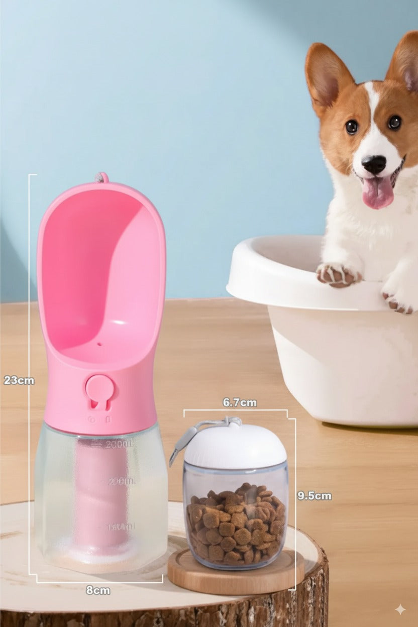 A 3-in-1 portable dog water bottle with its detachable food pod filled with kibble, showing its compact size next to a happy dog.